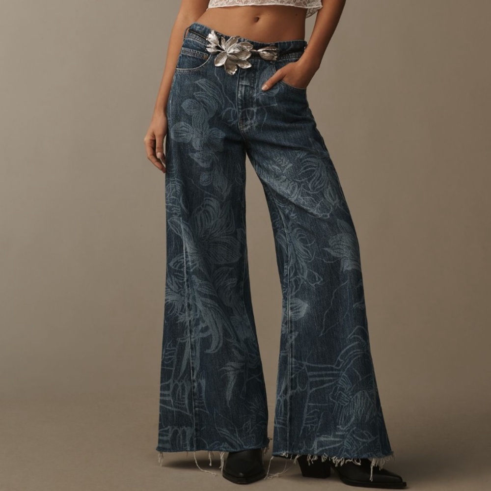 Pilcro Blue Floral Wide-Leg Flare Jeans - Picture 2 of 11